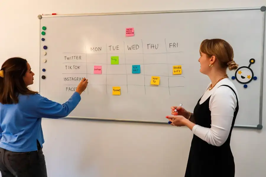 Whiteboard med veckoschema för sociala medier på Twitter, TikTok och Instagram, markerad med post‑it‑lappar för produktinnehåll, tips, fun facts och how‑to‑inlägg.