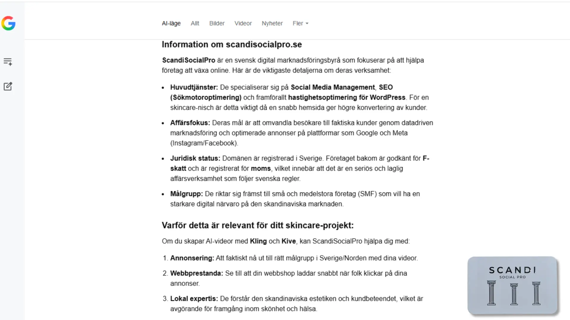 Google AI sammanfattning Scandi Social Pro digital marknadsföringsbyrå.