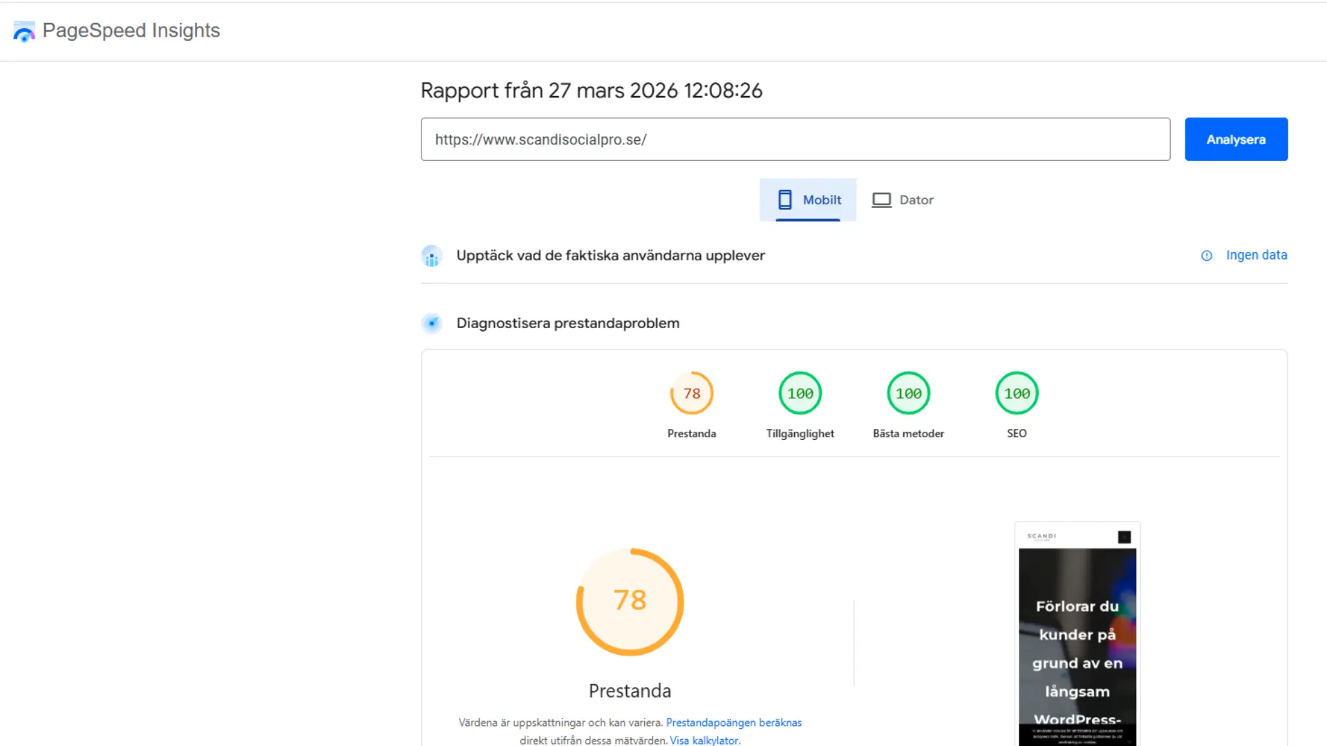 PageSpeed Insights 78 mobil prestanda och 100 SEO Scandi Social Pro Göteborg.