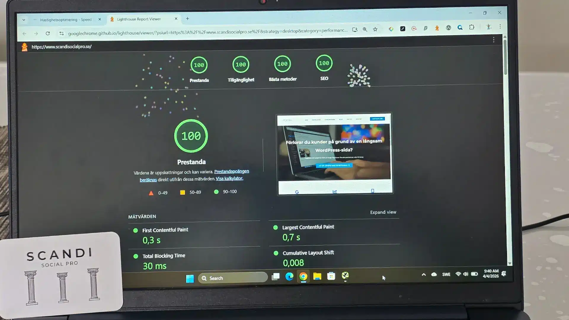 Lighthouse 100 prestanda 100 SEO Scandi Social Pro desktop.