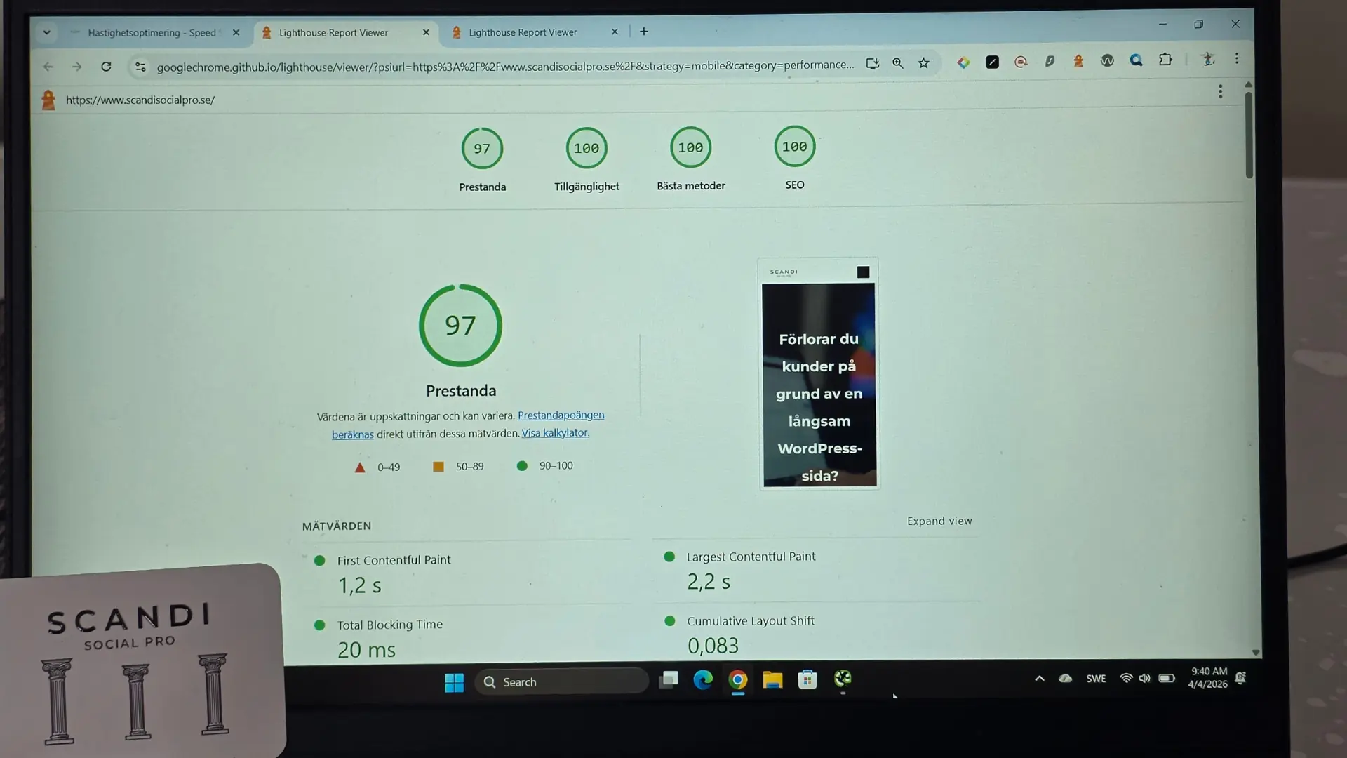 Lighthouse rapport 97 prestanda 100 SEO Scandi Social Pro.