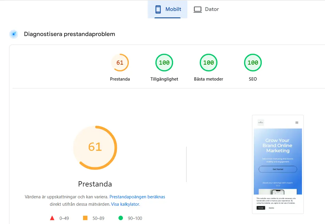 PageSpeed Insights rapport 61 mobil prestanda Scandi Social Pro före.