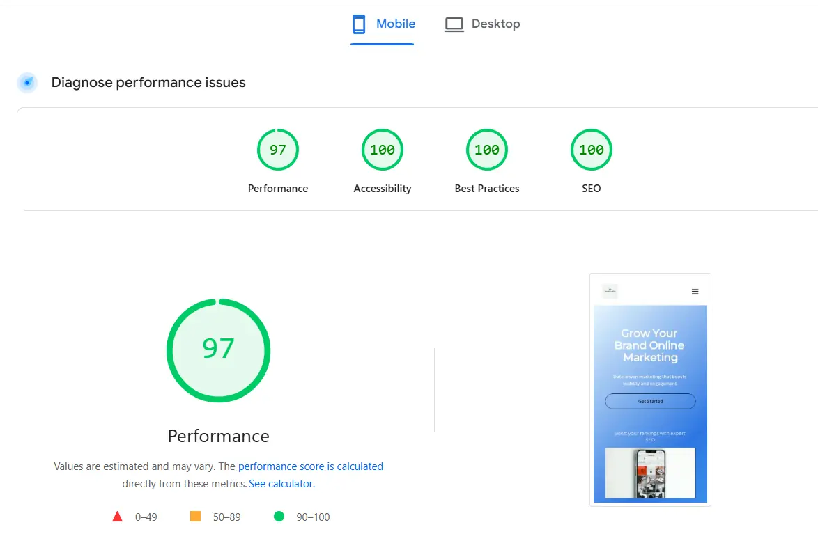 PageSpeed Insights rapport 97 mobil prestanda Scandi Social Pro efter.