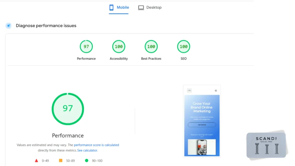 Hastighetsanalys i Google PageSpeed Insights med mobil prestanda 97 , Seo 100 , Best Pratices 100 för ScandiscoalPro.